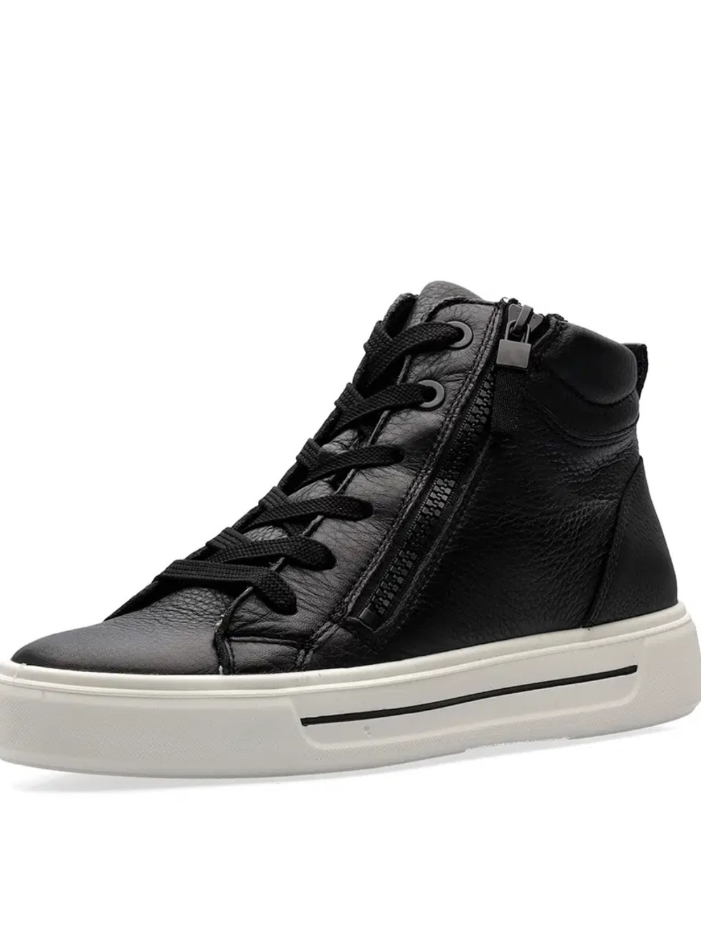 Ara Callan Black Leather High-Top Sneaker with Side Zipper